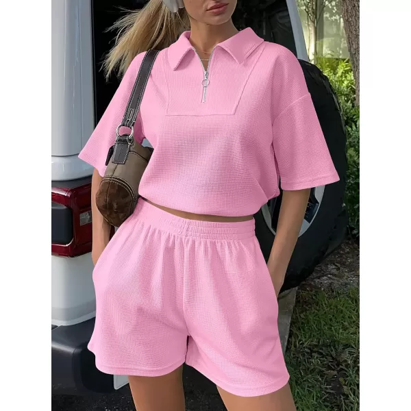 imageANRABESS Womens 2 Piece Outfits Half Zip Lapel Collar Short Sleeve Drawstring Crop Tops Short Pants Lounge Sets SweatsuitPink