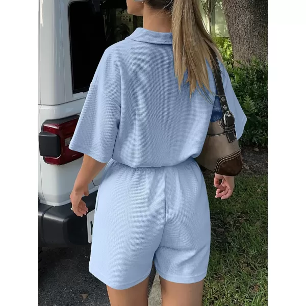 imageANRABESS Womens 2 Piece Outfits Half Zip Lapel Collar Short Sleeve Drawstring Crop Tops Short Pants Lounge Sets SweatsuitSky