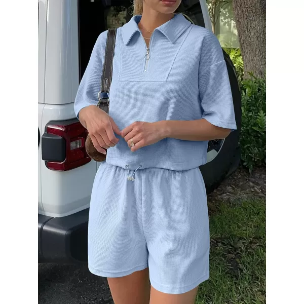 imageANRABESS Womens 2 Piece Outfits Half Zip Lapel Collar Short Sleeve Drawstring Crop Tops Short Pants Lounge Sets SweatsuitSky