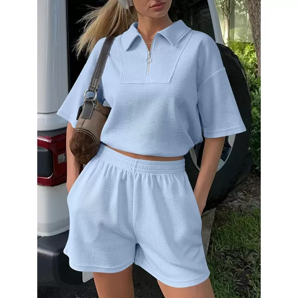 imageANRABESS Womens 2 Piece Outfits Half Zip Lapel Collar Short Sleeve Drawstring Crop Tops Short Pants Lounge Sets SweatsuitSky