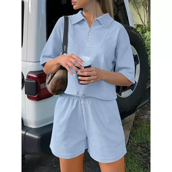 imageANRABESS Womens 2 Piece Outfits Half Zip Lapel Collar Short Sleeve Drawstring Crop Tops Short Pants Lounge Sets SweatsuitSky