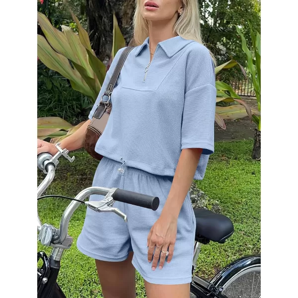 imageANRABESS Womens 2 Piece Outfits Half Zip Lapel Collar Short Sleeve Drawstring Crop Tops Short Pants Lounge Sets SweatsuitSky