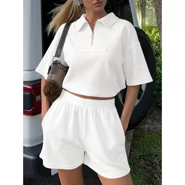imageANRABESS Womens 2 Piece Outfits Half Zip Lapel Collar Short Sleeve Drawstring Crop Tops Short Pants Lounge Sets SweatsuitWhite