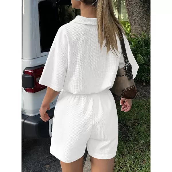 imageANRABESS Womens 2 Piece Outfits Half Zip Lapel Collar Short Sleeve Drawstring Crop Tops Short Pants Lounge Sets SweatsuitWhite