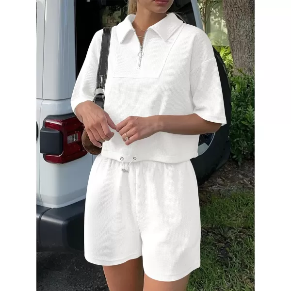 imageANRABESS Womens 2 Piece Outfits Half Zip Lapel Collar Short Sleeve Drawstring Crop Tops Short Pants Lounge Sets SweatsuitWhite