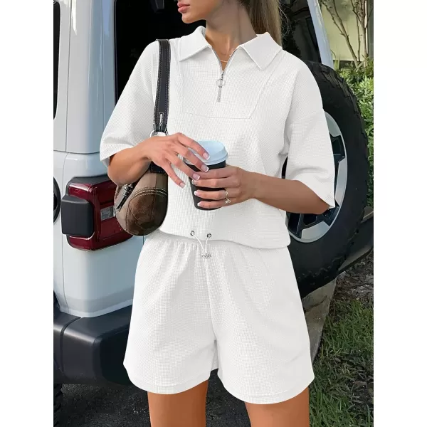 imageANRABESS Womens 2 Piece Outfits Half Zip Lapel Collar Short Sleeve Drawstring Crop Tops Short Pants Lounge Sets SweatsuitWhite