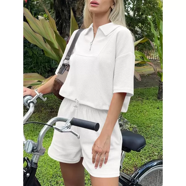 imageANRABESS Womens 2 Piece Outfits Half Zip Lapel Collar Short Sleeve Drawstring Crop Tops Short Pants Lounge Sets SweatsuitWhite