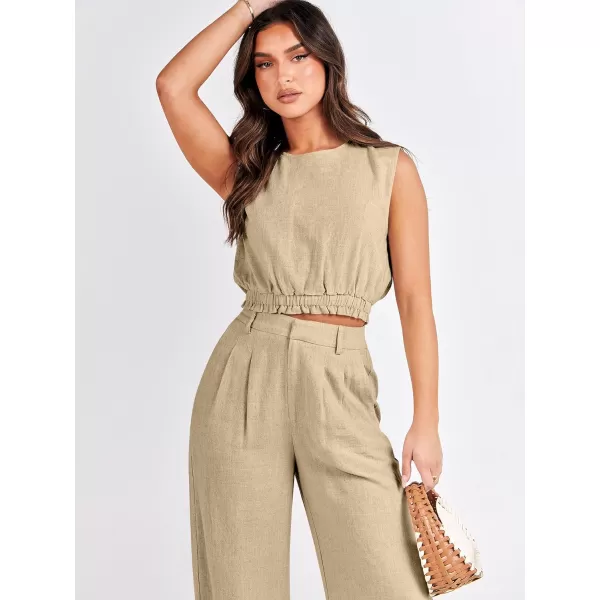 imageANRABESS Womens 2 Piece Outfits Linen Crop Tank Top Lounge Matching Sets amp Wide Leg Pants Tracksuits with PocketsApricot