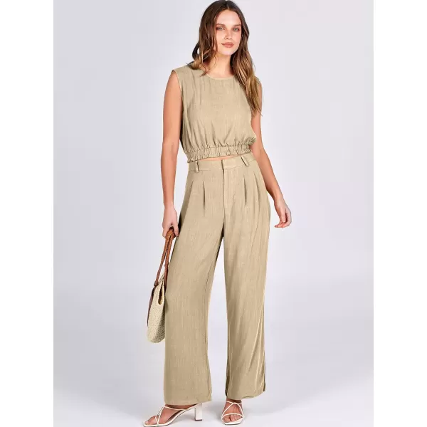 imageANRABESS Womens 2 Piece Outfits Linen Crop Tank Top Lounge Matching Sets amp Wide Leg Pants Tracksuits with PocketsApricot