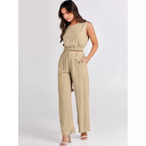 imageANRABESS Womens 2 Piece Outfits Linen Crop Tank Top Lounge Matching Sets amp Wide Leg Pants Tracksuits with PocketsApricot