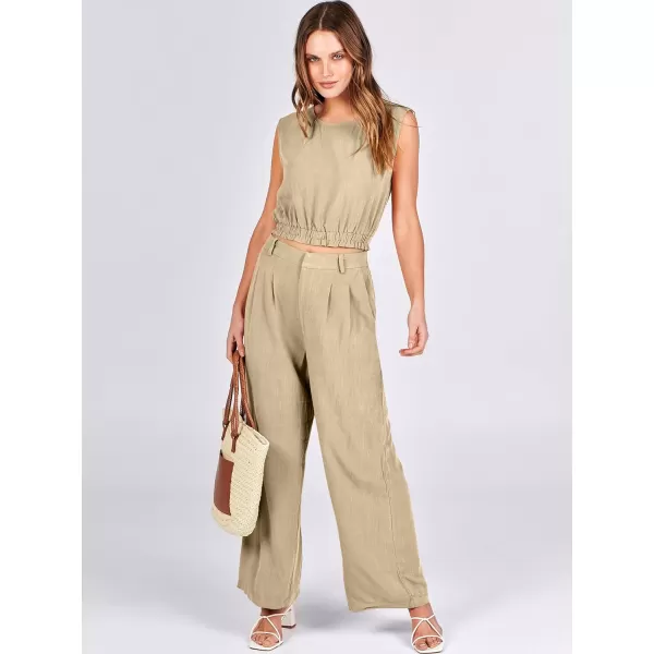 imageANRABESS Womens 2 Piece Outfits Linen Crop Tank Top Lounge Matching Sets amp Wide Leg Pants Tracksuits with PocketsApricot