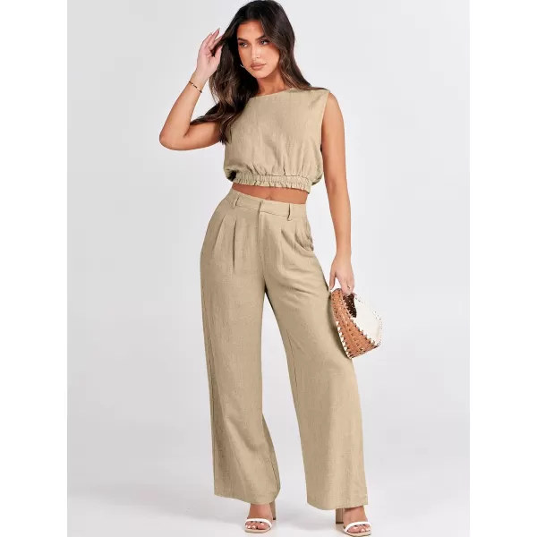 imageANRABESS Womens 2 Piece Outfits Linen Crop Tank Top Lounge Matching Sets amp Wide Leg Pants Tracksuits with PocketsApricot