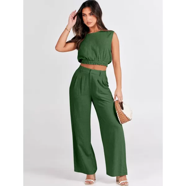 imageANRABESS Womens 2 Piece Outfits Linen Crop Tank Top Lounge Matching Sets amp Wide Leg Pants Tracksuits with PocketsGreen