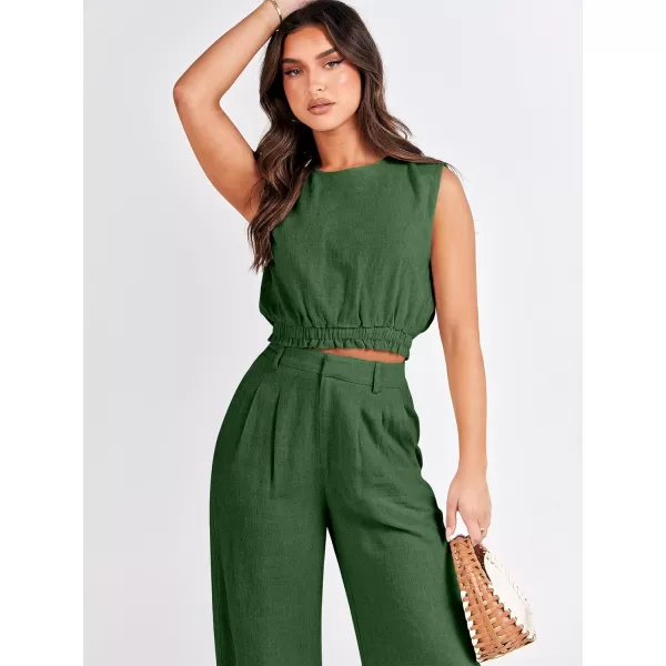 imageANRABESS Womens 2 Piece Outfits Linen Crop Tank Top Lounge Matching Sets amp Wide Leg Pants Tracksuits with PocketsGreen