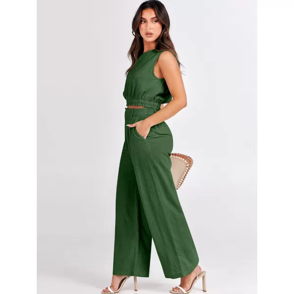 imageANRABESS Womens 2 Piece Outfits Linen Crop Tank Top Lounge Matching Sets amp Wide Leg Pants Tracksuits with PocketsGreen