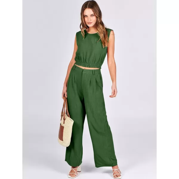 imageANRABESS Womens 2 Piece Outfits Linen Crop Tank Top Lounge Matching Sets amp Wide Leg Pants Tracksuits with PocketsGreen