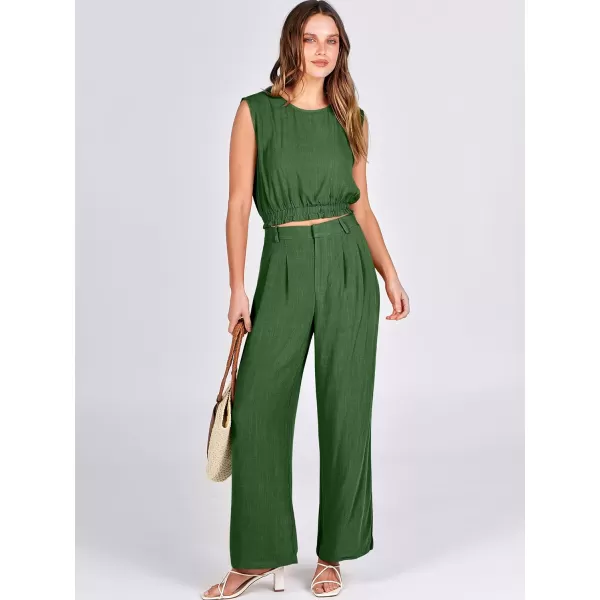 imageANRABESS Womens 2 Piece Outfits Linen Crop Tank Top Lounge Matching Sets amp Wide Leg Pants Tracksuits with PocketsGreen