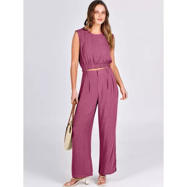 imageANRABESS Womens 2 Piece Outfits Linen Crop Tank Top Lounge Matching Sets amp Wide Leg Pants Tracksuits with PocketsHot Pink