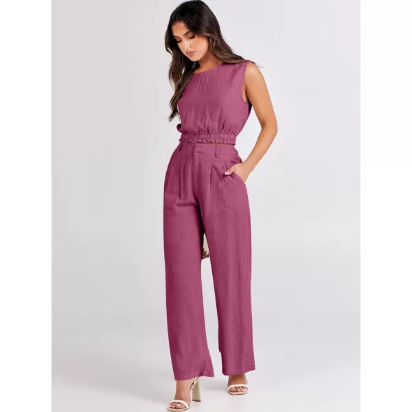 imageANRABESS Womens 2 Piece Outfits Linen Crop Tank Top Lounge Matching Sets amp Wide Leg Pants Tracksuits with PocketsHot Pink