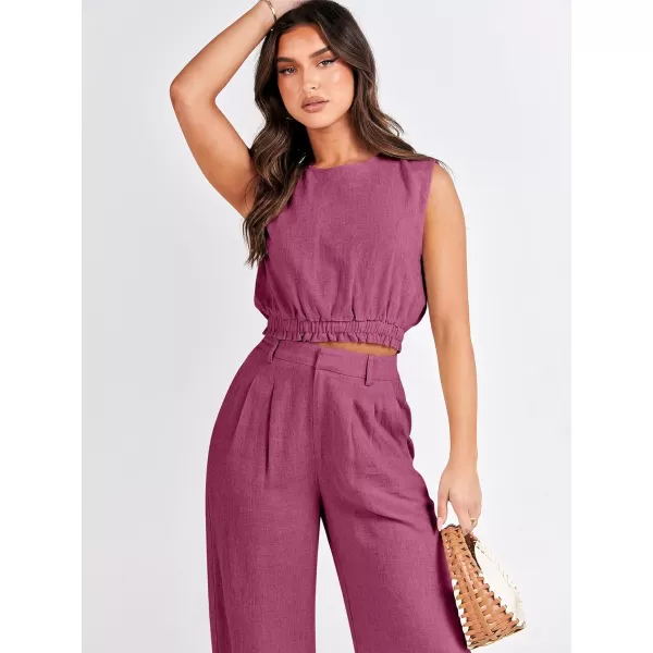 imageANRABESS Womens 2 Piece Outfits Linen Crop Tank Top Lounge Matching Sets amp Wide Leg Pants Tracksuits with PocketsHot Pink