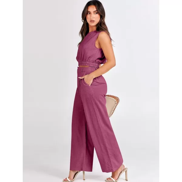 imageANRABESS Womens 2 Piece Outfits Linen Crop Tank Top Lounge Matching Sets amp Wide Leg Pants Tracksuits with PocketsHot Pink