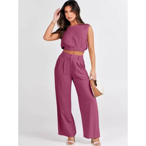 imageANRABESS Womens 2 Piece Outfits Linen Crop Tank Top Lounge Matching Sets amp Wide Leg Pants Tracksuits with PocketsHot Pink