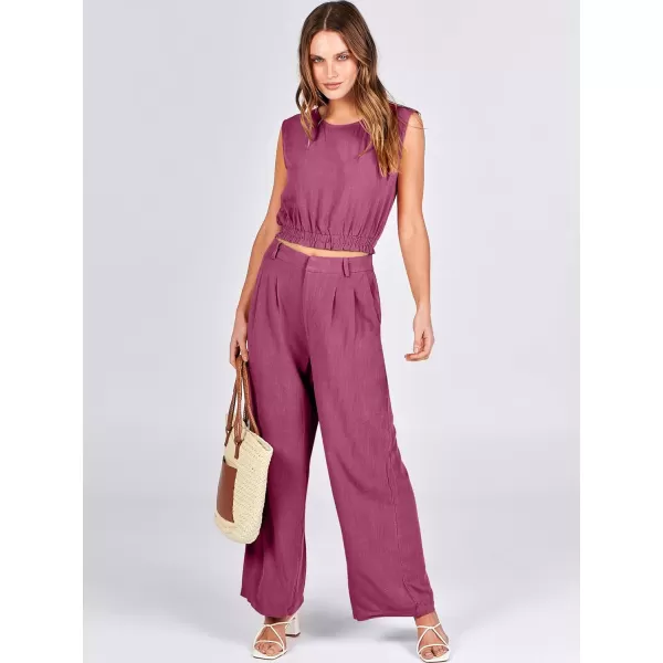 imageANRABESS Womens 2 Piece Outfits Linen Crop Tank Top Lounge Matching Sets amp Wide Leg Pants Tracksuits with PocketsHot Pink