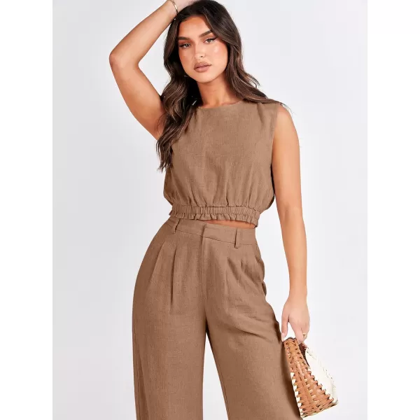 imageANRABESS Womens 2 Piece Outfits Linen Crop Tank Top Lounge Matching Sets amp Wide Leg Pants Tracksuits with PocketsKhaki