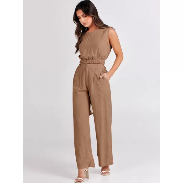 imageANRABESS Womens 2 Piece Outfits Linen Crop Tank Top Lounge Matching Sets amp Wide Leg Pants Tracksuits with PocketsKhaki