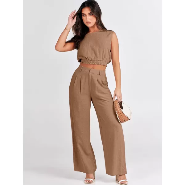 imageANRABESS Womens 2 Piece Outfits Linen Crop Tank Top Lounge Matching Sets amp Wide Leg Pants Tracksuits with PocketsKhaki