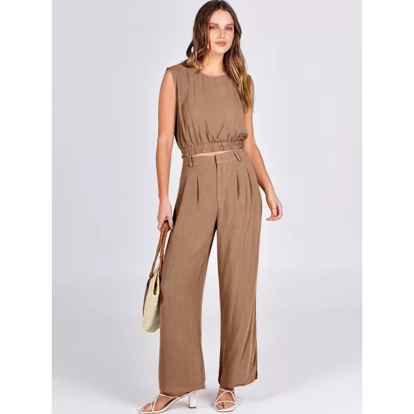 imageANRABESS Womens 2 Piece Outfits Linen Crop Tank Top Lounge Matching Sets amp Wide Leg Pants Tracksuits with PocketsKhaki