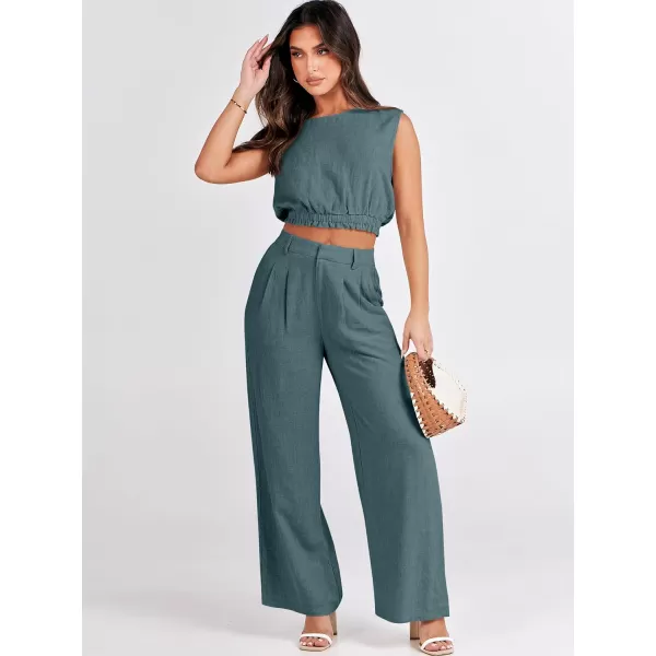 imageANRABESS Womens 2 Piece Outfits Linen Crop Tank Top Lounge Matching Sets amp Wide Leg Pants Tracksuits with PocketsLake