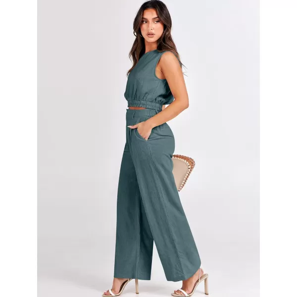 imageANRABESS Womens 2 Piece Outfits Linen Crop Tank Top Lounge Matching Sets amp Wide Leg Pants Tracksuits with PocketsLake