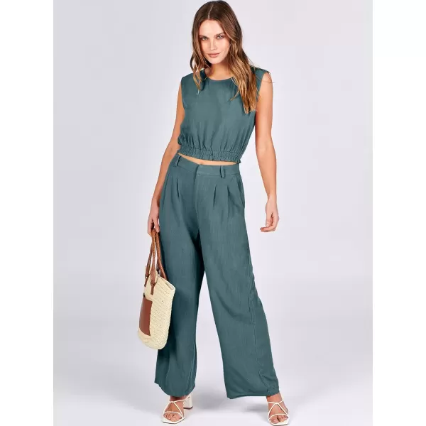 imageANRABESS Womens 2 Piece Outfits Linen Crop Tank Top Lounge Matching Sets amp Wide Leg Pants Tracksuits with PocketsLake