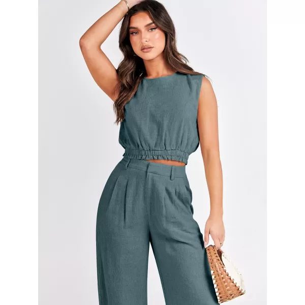 imageANRABESS Womens 2 Piece Outfits Linen Crop Tank Top Lounge Matching Sets amp Wide Leg Pants Tracksuits with PocketsLake