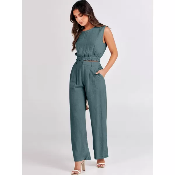 imageANRABESS Womens 2 Piece Outfits Linen Crop Tank Top Lounge Matching Sets amp Wide Leg Pants Tracksuits with PocketsLake