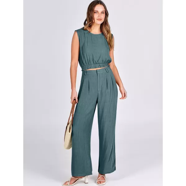 imageANRABESS Womens 2 Piece Outfits Linen Crop Tank Top Lounge Matching Sets amp Wide Leg Pants Tracksuits with PocketsLake
