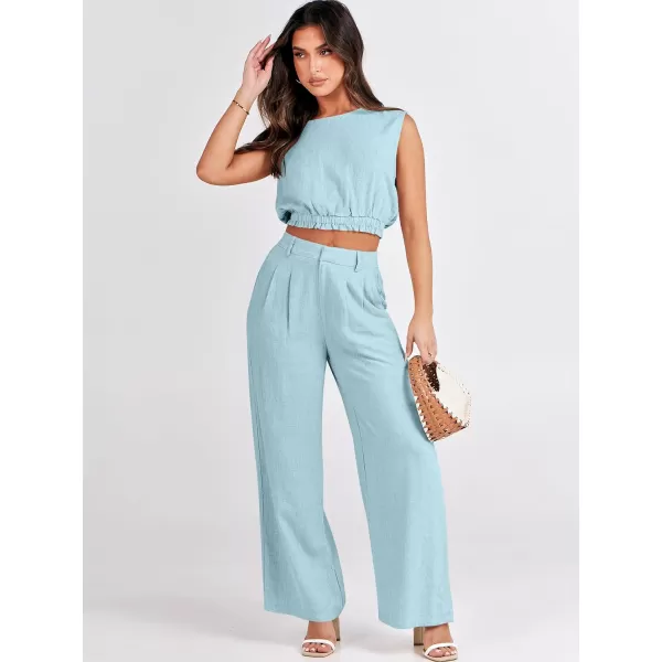 imageANRABESS Womens 2 Piece Outfits Linen Crop Tank Top Lounge Matching Sets amp Wide Leg Pants Tracksuits with PocketsLight Bule