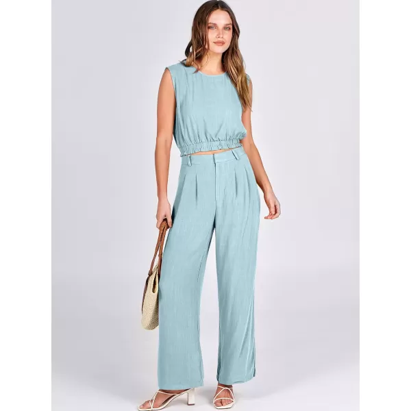 imageANRABESS Womens 2 Piece Outfits Linen Crop Tank Top Lounge Matching Sets amp Wide Leg Pants Tracksuits with PocketsLight Bule