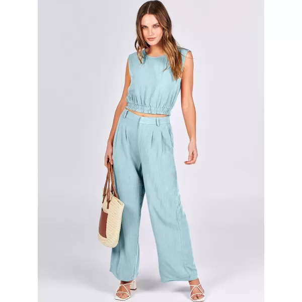 imageANRABESS Womens 2 Piece Outfits Linen Crop Tank Top Lounge Matching Sets amp Wide Leg Pants Tracksuits with PocketsLight Bule