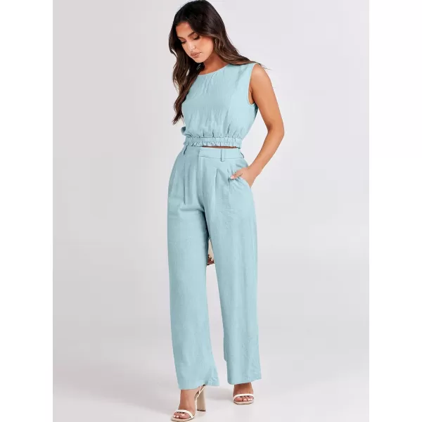 imageANRABESS Womens 2 Piece Outfits Linen Crop Tank Top Lounge Matching Sets amp Wide Leg Pants Tracksuits with PocketsLight Bule