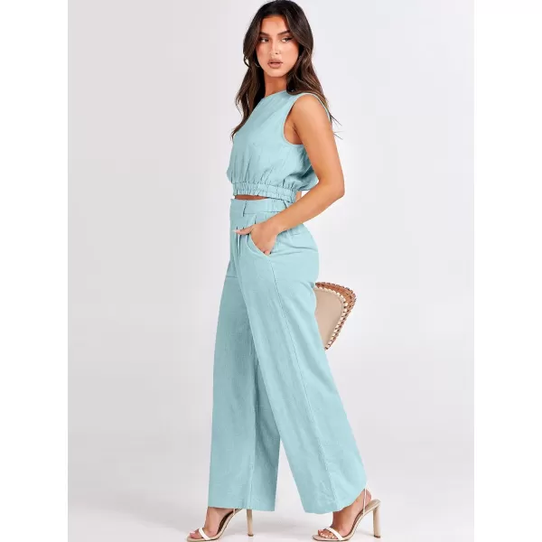 imageANRABESS Womens 2 Piece Outfits Linen Crop Tank Top Lounge Matching Sets amp Wide Leg Pants Tracksuits with PocketsLight Bule