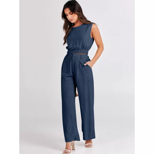 imageANRABESS Womens 2 Piece Outfits Linen Crop Tank Top Lounge Matching Sets amp Wide Leg Pants Tracksuits with PocketsNavy Blue
