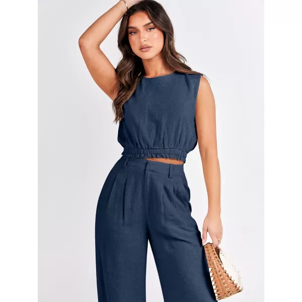 imageANRABESS Womens 2 Piece Outfits Linen Crop Tank Top Lounge Matching Sets amp Wide Leg Pants Tracksuits with PocketsNavy Blue