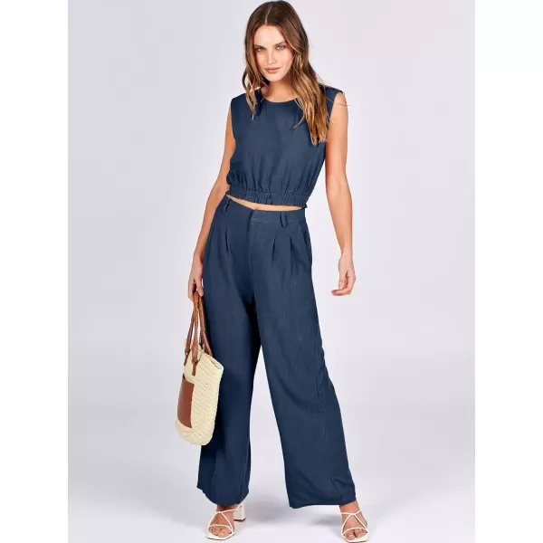 imageANRABESS Womens 2 Piece Outfits Linen Crop Tank Top Lounge Matching Sets amp Wide Leg Pants Tracksuits with PocketsNavy Blue