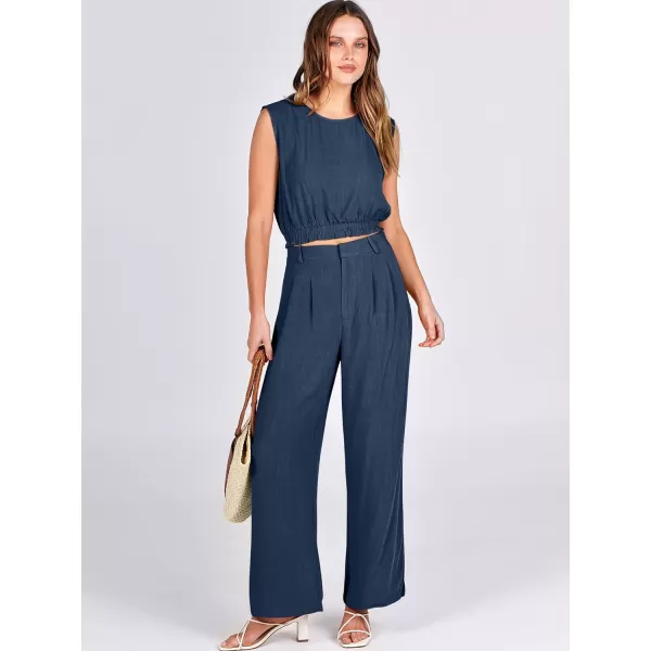 imageANRABESS Womens 2 Piece Outfits Linen Crop Tank Top Lounge Matching Sets amp Wide Leg Pants Tracksuits with PocketsNavy Blue