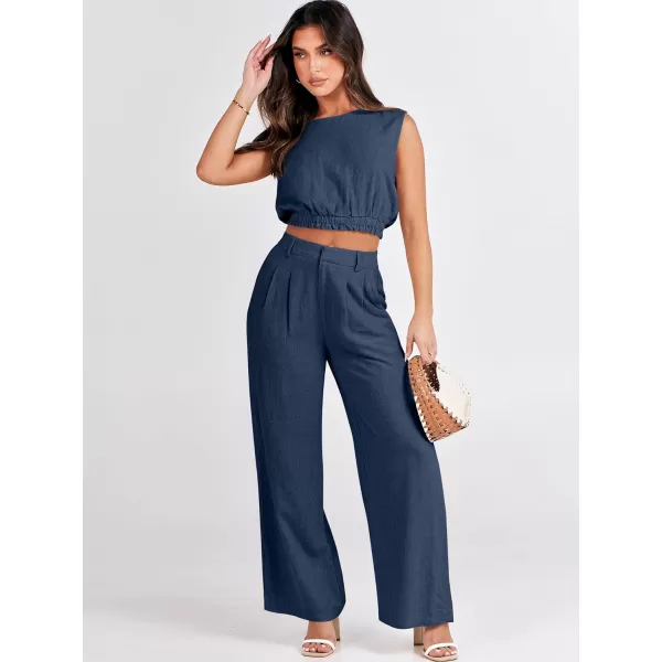 imageANRABESS Womens 2 Piece Outfits Linen Crop Tank Top Lounge Matching Sets amp Wide Leg Pants Tracksuits with PocketsNavy Blue