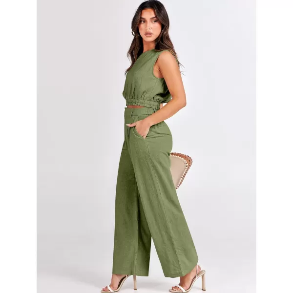 imageANRABESS Womens 2 Piece Outfits Linen Crop Tank Top Lounge Matching Sets amp Wide Leg Pants Tracksuits with PocketsOlive