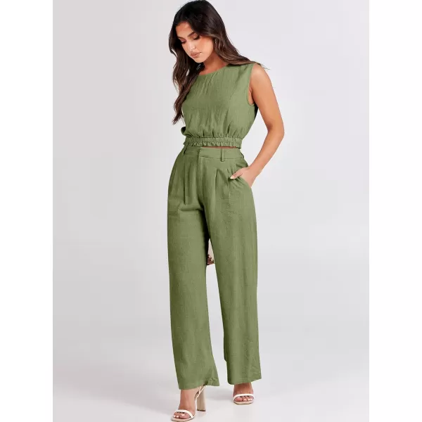 imageANRABESS Womens 2 Piece Outfits Linen Crop Tank Top Lounge Matching Sets amp Wide Leg Pants Tracksuits with PocketsOlive