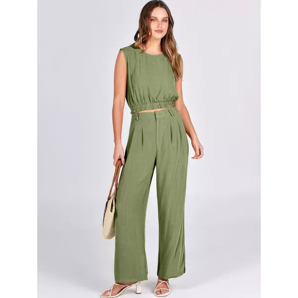 imageANRABESS Womens 2 Piece Outfits Linen Crop Tank Top Lounge Matching Sets amp Wide Leg Pants Tracksuits with PocketsOlive